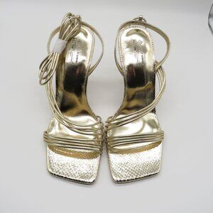 Call It Spring Women's Strappy Gold Heeled Sandals Square Toe Snake Pattern 8.5